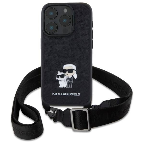 Etui Karl Lagerfeld iPhone 16 Pro czarny/black hardcase Saffiano Karl&Choupette Metal Pin CBDY Strap