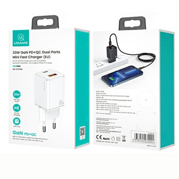 USAMS Ład. siec. 1xUSB-C+1xUSB T43 33W (only head) PD3.0 +QC3.0 Fast Charging biały/white CC144TC02 (US-CC144)