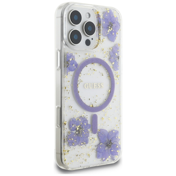 Etui Guess Resin Flowers MagSafe do      iPhone 16 Pro Max fioletowy