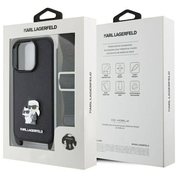 Etui Karl Lagerfeld iPhone 16  Pro Max czarny/black hardcase Saffiano Karl&Choupette Metal Pin CBDY Strap