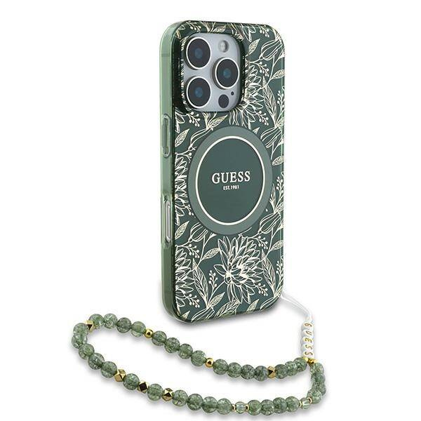Etui Guess iPhone 16 Pro 6.3" zielony/green hardcase IML Flowers Allover Electro With Pearl Strap MagSafe