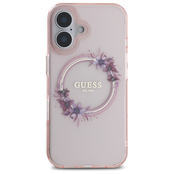 Etui Guess iPhone 16 6.1" różowy/pink hardcase IML Flowers Wreath MagSafe