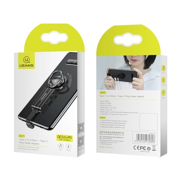 Adapter USAMS USB-C Jack 3,5mm 2w1 Ring Holder Czarny