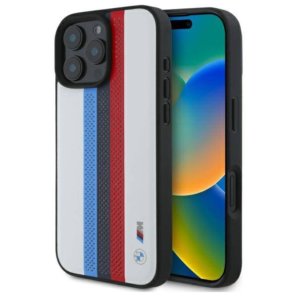 Etui BMW iPhone 16 Pro Max 6.9" biały/white hardcase M Perf. Tricolor Printed Stripes MagSafe