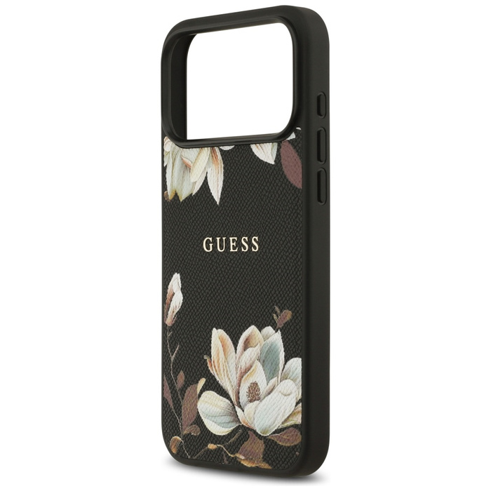 Etui Guess Grained Flowers Classic Logo  MagSafe do iPhone 17 Pro Max czarny