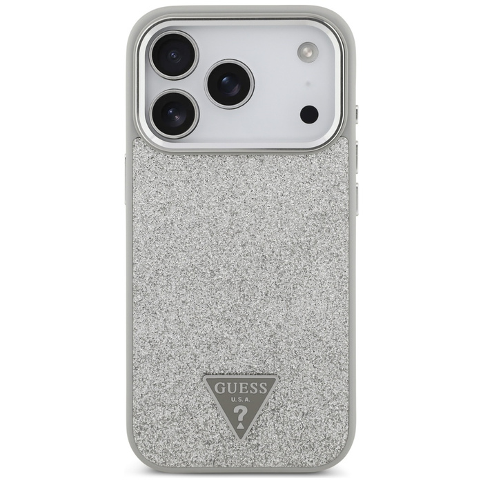 Etui Guess Glitter Triangle Logo MagSafe do iPhone 17 Pro srebrny