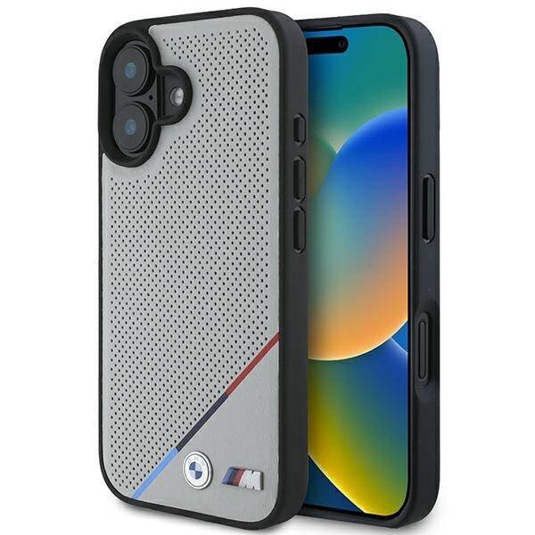 Etui BMW iPhone 16 6.1" szary/grey hardcase M Perforated Tricolor Line MagSafe