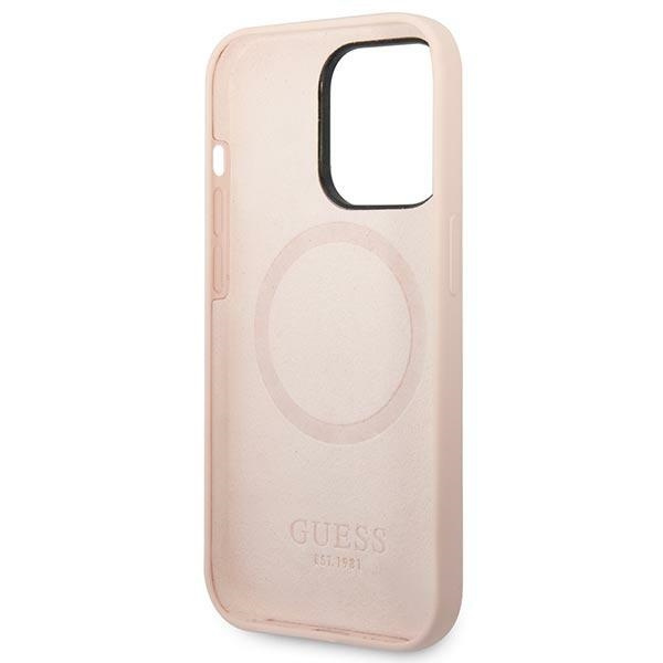 Etui Guess iPhone 14 Pro Max 6,7" różowy/pink hard case Silicone Logo Plate MagSafe