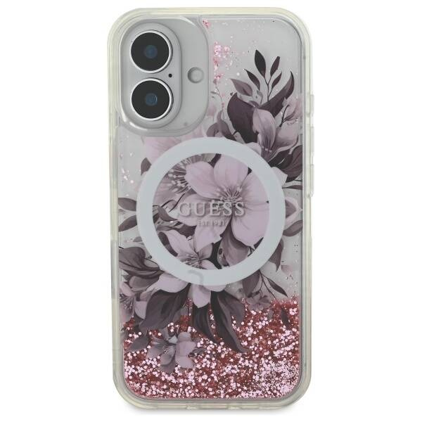 Etui Guess iPhone 16 6.1" różowy/pink hardcase Liquid Glitter Flower MagSafe
