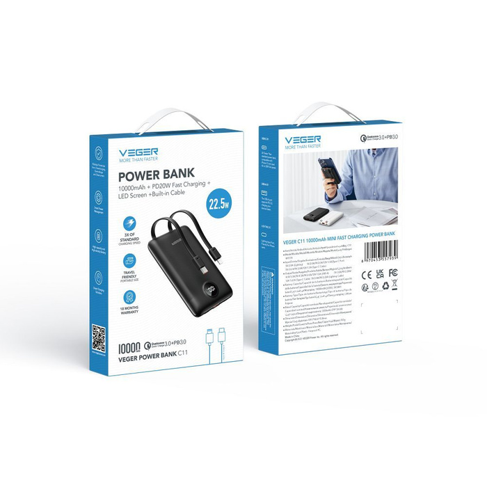 VEGER powerbank 10000 mAh z wbudowanymi kablami Typ C / Lightning PD QC3.0 2A 22,5W C11 (W1170) czarny