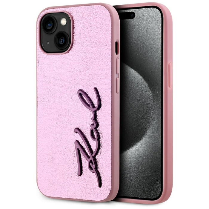 Etui Karl Lagerfeld Wrinkled Metal       Signature do iPhone 15 różowy