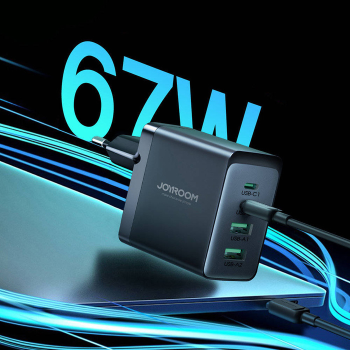 Joyroom ładowarka GaN 67W 4 porty (2x USB, 2x USB C) czarna (TCG02) + kabel USB C – USB C 100W 1.2m