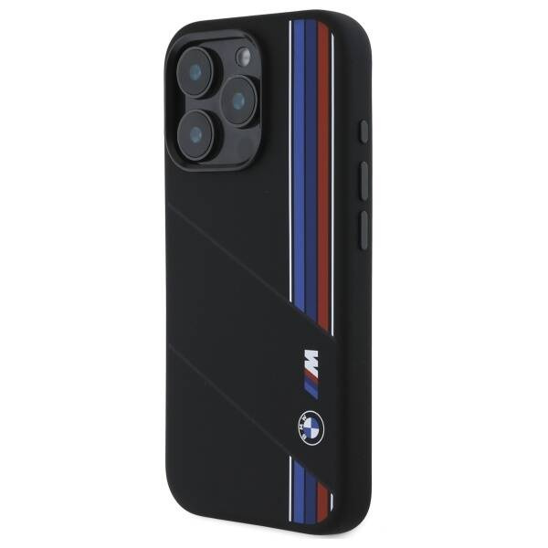 Etui BMW iPhone 16 Pro Max czarny/black hardcase Silicone Cut Tricolor Lines MagSafe