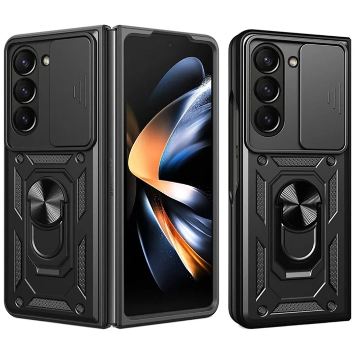 Pancerne etui Hybrid Armor Camshield z podstawką i osłoną aparatu na Samsung Galaxy Z Fold 7 - czarne