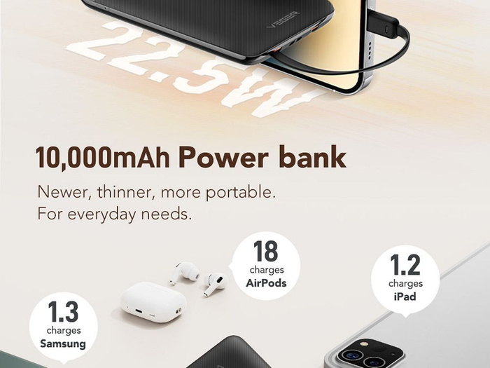 VEGER powerbank 10000 mAh z wbudowanymi kablami Typ C / Lightning PD QC3.0 2A 22,5W C11 (W1170) czarny