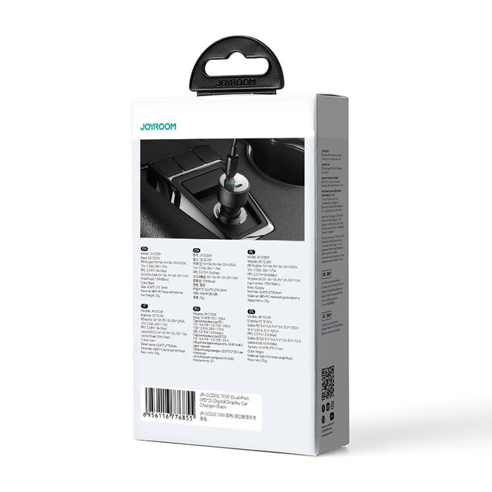 Ładowarka samochodowa 2x USB C 70W z wyświetlaczem LED Joyroom JR-CCD02 | czarna