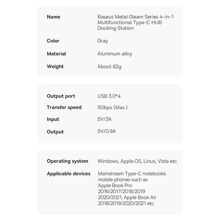 Stacja dokująca HUB Baseus Metal Gleam Series 4 w 1 USB Typ C - 4 x USB 3.2 Gen. 1 (WKWG070013)