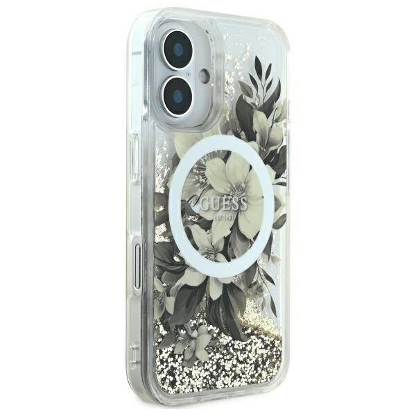 Etui Guess iPhone 16 6.1" beżowy/beige hardcase Liquid Glitter Flower MagSafe