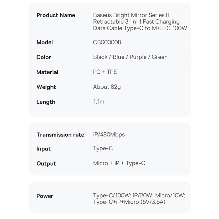Baseus Bright Mirror 2 zwijany kabel przewód 3w1 USB Typ C - micro USB + Lightning + USB Typ C 3.5A 1.1m fioletowy (CAMJ010205)