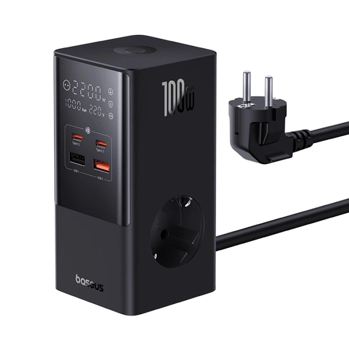 Stacja ładująca Baseus PowerCombo Tower 100W 2 x EU + 2 x USB-A + 2 x USB-C 1,5m - czarna