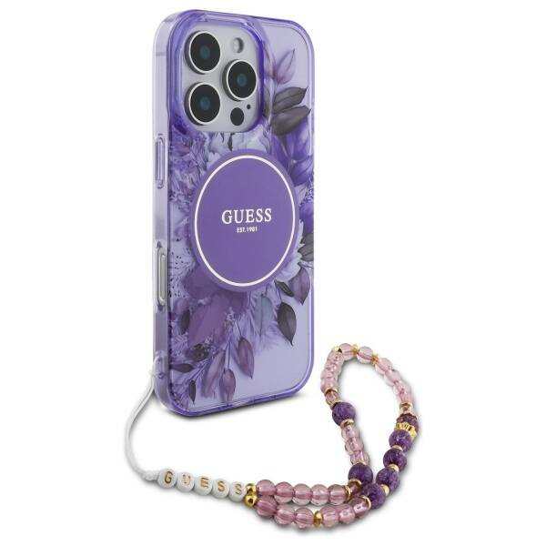Etui Guess iPhone 16 Pro Max 6.9" fioletowy/purple hardcase IML Flowers With Pearl Strap MagSafe