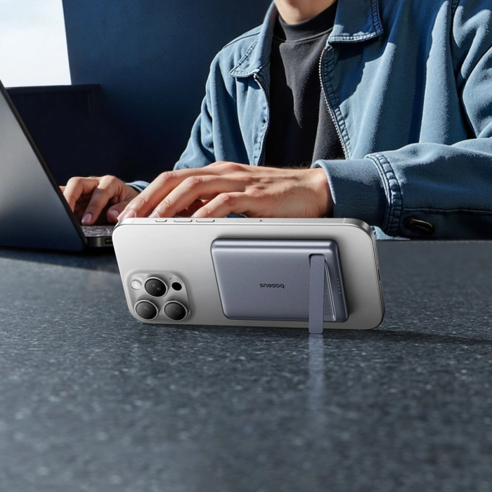 Powerbank Baseus PicoGo AM31 Qi2 5000mAh 20W ultracienki kompatybilny z MagSafe z podstawką z kablem plecionym Baseus Simple USB-C 20cm - szary