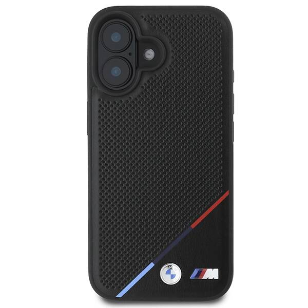 Etui BMW iPhone 16 6.1" czarny/black hardcase M Perforated Tricolor Line MagSafe