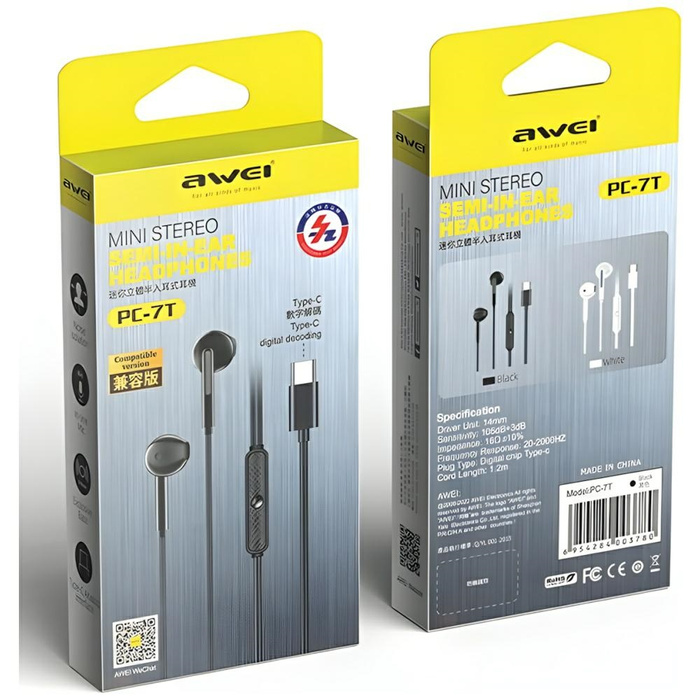 AWEI słuchawki stereo PC-7T USB-C 1.2m czarny/black
