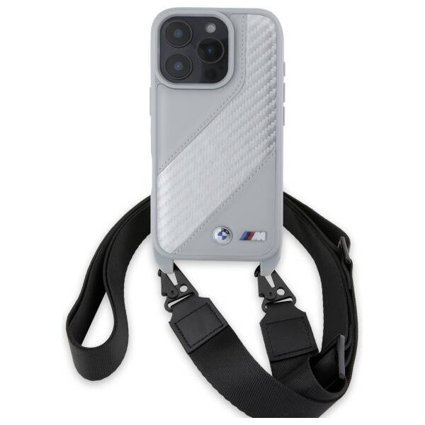Etui BMW iPhone 16 Pro Max szary/grey hardcase M Edition Carbon Stripe & Strap