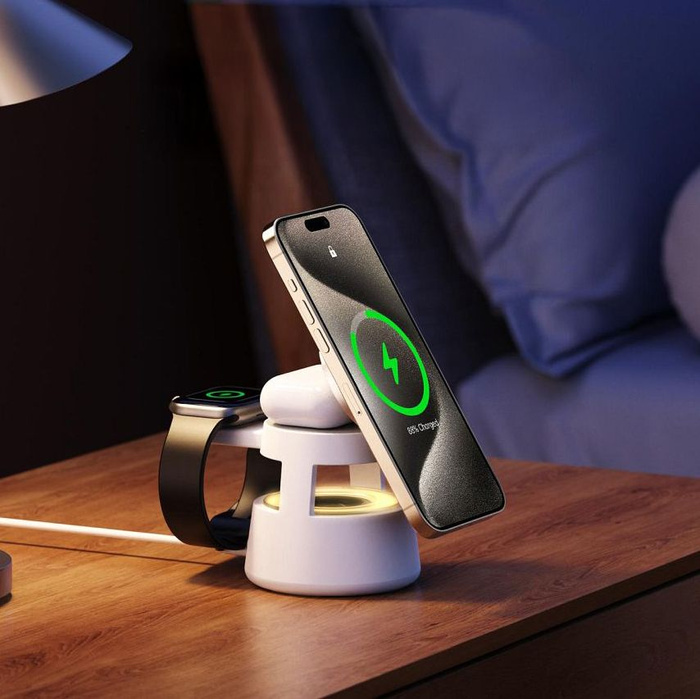 DUZZONA W23 - ładowarka indukcyjna 5w1 z głośnikiem Bluetooth i podświetleniem, kompatybilna z MagSafe 15W czarna