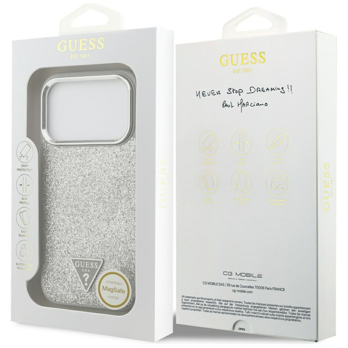 Etui Guess Glitter Triangle Logo MagSafe do iPhone 17 Pro srebrny