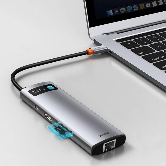 Baseus Metal Gleam 8w1 wielofunkcyjny HUB USB Typ C - USB Typ C Power Delivery 100 W / HDMI 4K 30 Hz / czytnik kart SD i microSD / 3x USB 3.2 Gen 1 / RJ45 1 Gbps Szary (CAHUB-CV0G)