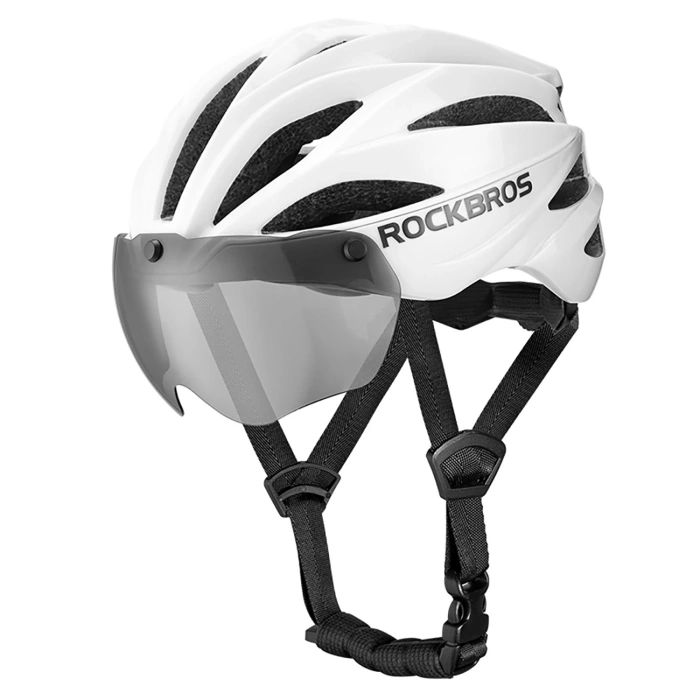 Kask rowerowy Rockbros z szybką, odpinane okulary z ochroną UV, unisex, błyszczący - biały