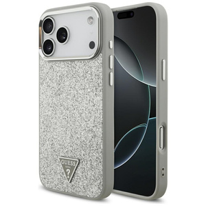 Etui Guess Glitter Triangle Logo MagSafe do iPhone 17 Pro Max srebrny