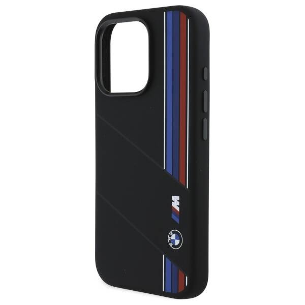 Etui BMW iPhone 16 Pro Max czarny/black hardcase Silicone Cut Tricolor Lines MagSafe