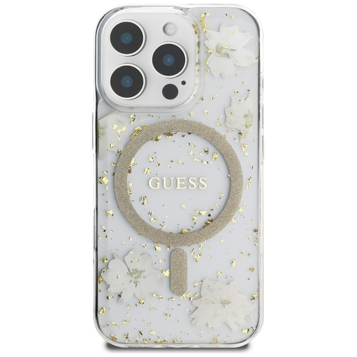 Etui Guess Resin Flowers Glitter MagSafe do iPhone 16 Pro  beżowy
