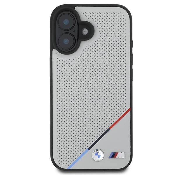 Etui BMW iPhone 16 6.1" szary/grey hardcase M Perforated Tricolor Line MagSafe