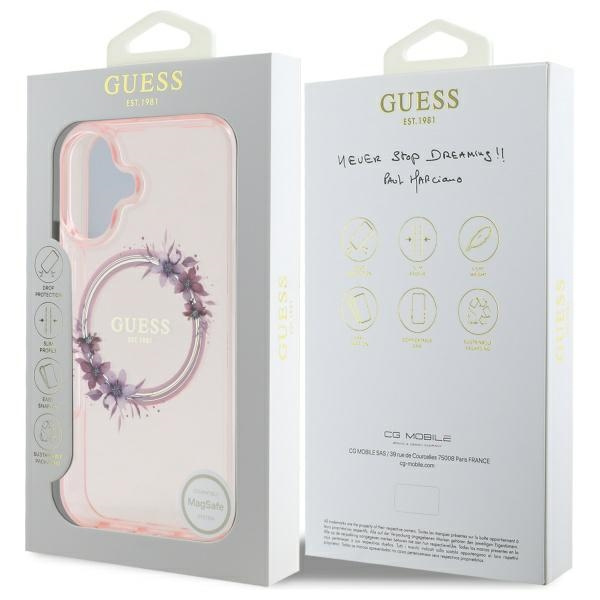 Etui Guess iPhone 16 6.1" różowy/pink hardcase IML Flowers Wreath MagSafe