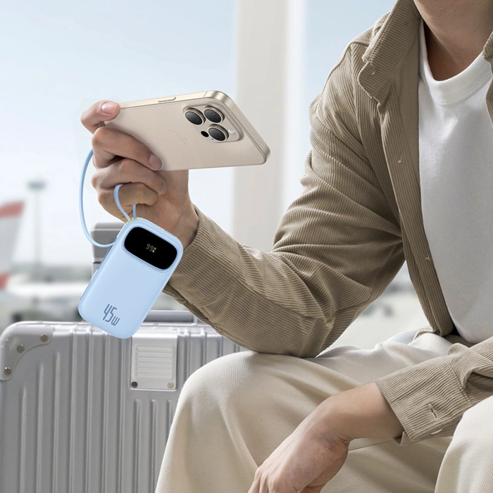 Powerbank Baseus EnerFill FC31 20000mAh 45W z wyświetlaczem z kablami USB-C i Lightning - niebieski
