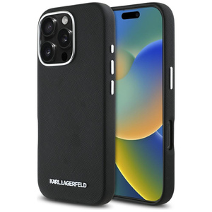 Etui Karl Lagerfeld Saffiano Full         Wrapped Elongated Metal Logo MagSafe do iPhone 16 Pro czarny