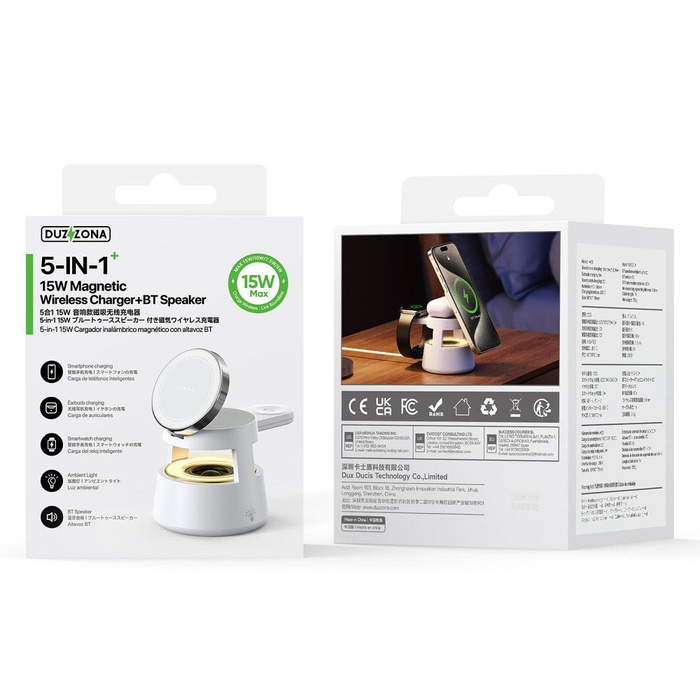 DUZZONA W23 - ładowarka indukcyjna 5w1 z głośnikiem Bluetooth i podświetleniem, kompatybilna z MagSafe 15W czarna