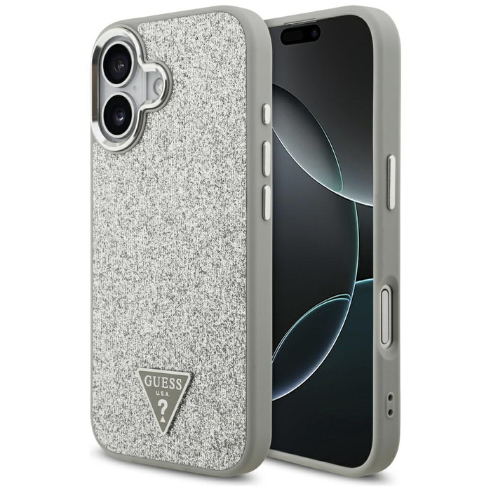 Etui Guess Glitter Triangle Logo MagSafe do iPhone 17 srebrny