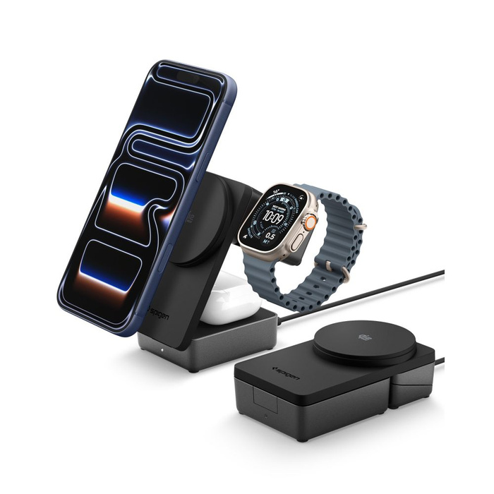 STACJA ŁADOWANIA SPIGEN ESSENTIAL 3IN1 MAGNETIC MAGSAFE BEZPRZEWODOWA ŁADOWARKA 25W Qi2.2 CZARNA