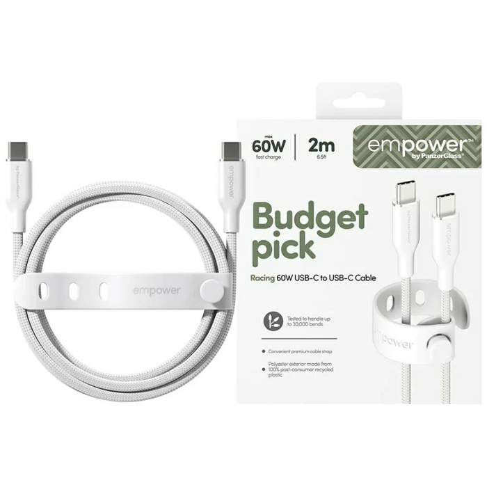 Kabel empower by PanzerGlass Racing 60W  USB-C do USB-C 2m srebrno-biały
