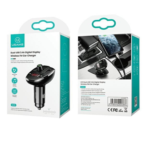 Zestaw Głośnomówiący USAMS Z Transmiterem FM Bluetooth 5.0 Odtwarzacz MP3 Ładowarka 2xUSB 3,4A