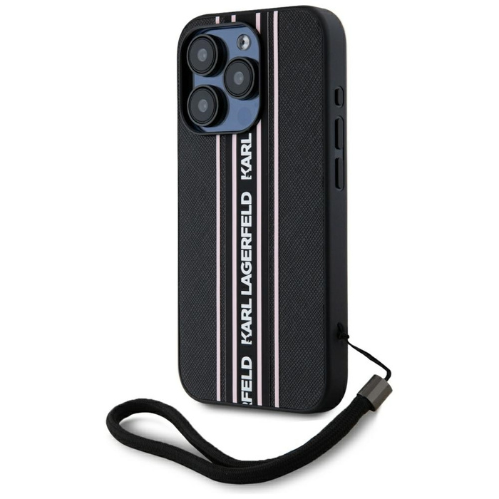 Etui Karl Lagerfeld Saffiano Athleisure  Stripes Cord do iPhone 15 Pro czarno-różowy