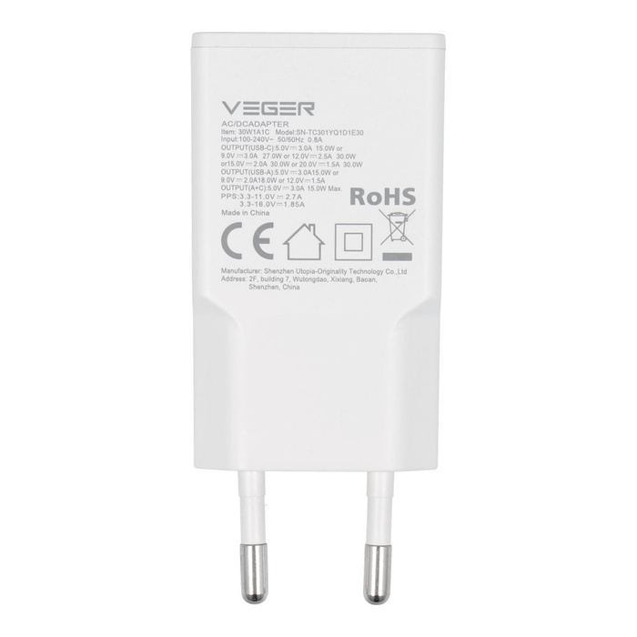 VEGER ładowarka sieciowa USB A + USB C QC PD 30W 30W1A1C biała