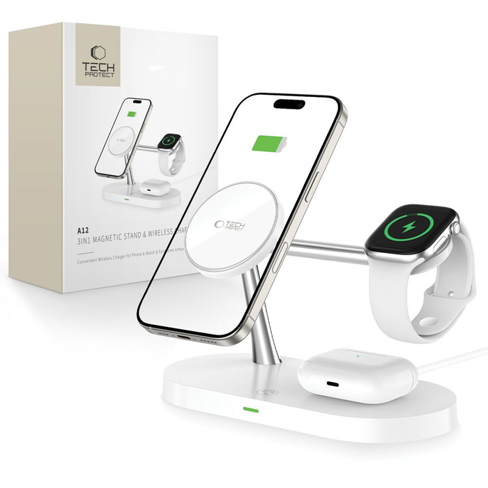 Ładowarka Indukcyjna Tech-Protect A12 3 In1 Magnetic Magsafe Wireless Charger White