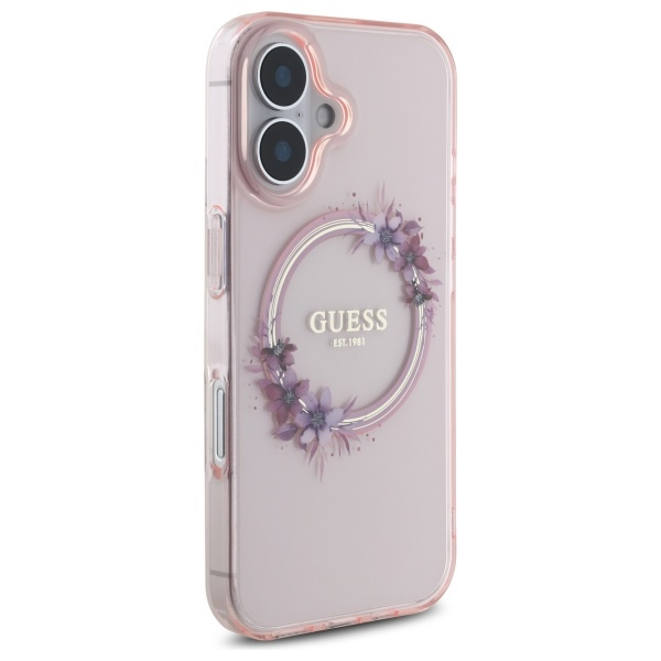 Etui Guess iPhone 16 6.1" różowy/pink hardcase IML Flowers Wreath MagSafe