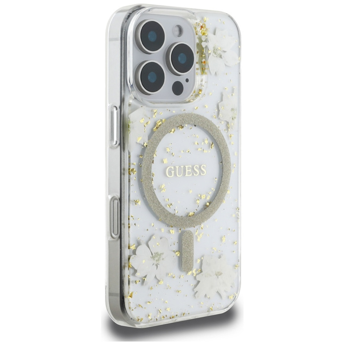 Etui Guess Resin Flowers Glitter MagSafe do iPhone 16 Pro  beżowy
